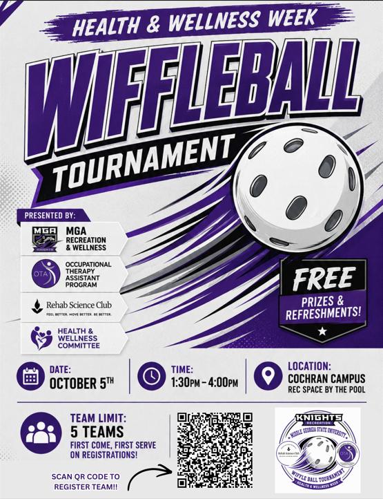 Event flyer for the Health & Wellness Week Wiffleball Tournament.  Title: Health & Wellness Week Wiffleball Tournament  Event Details:  Date: October 5th  Time: 1:30 PM – 4:00 PM  Location: Cochran Campus (Rec space by the pool)  Highlights: Free event with prizes and refreshments.  Registration: Limited to 5 teams on a first-come, first-served basis. Includes a QR code to register a team.  Presented By:  MGA Recreation & Wellness  Occupational Therapy Assistant Program  Rehab Science Club  Health & Wellness Committee